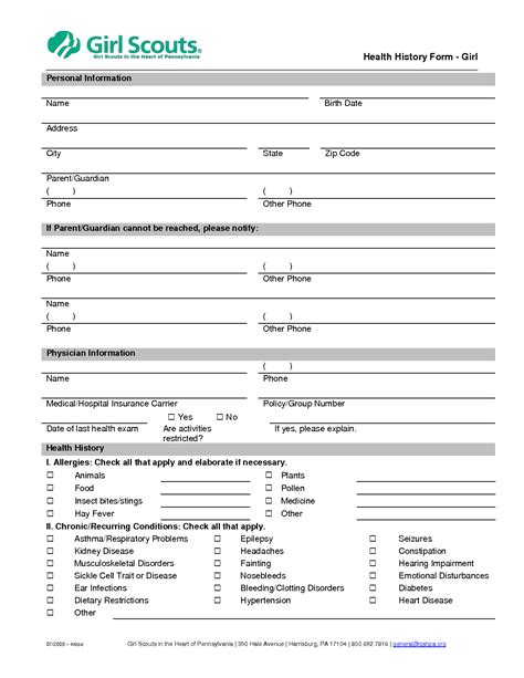 Girl Scout Health History Form 28B