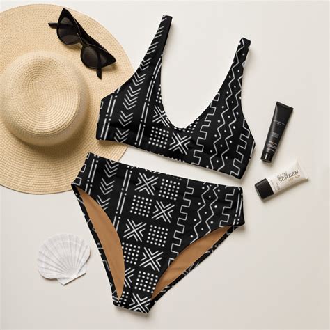 African Mud Cloth Recycled High Waisted Bikini Set Tribal Two Piece