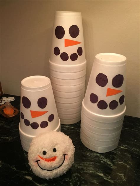 Diy Snowman Styrofoam Cups And Snowball Bowling Frozen Winter Party