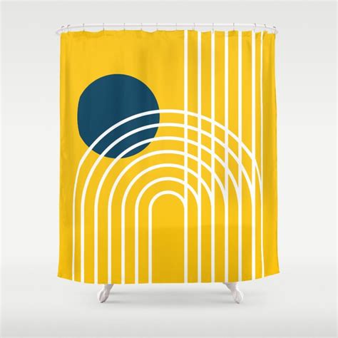 Geometric Lines In Mustard Yellow And Navy Blue Sun And Rainbow