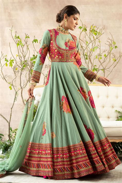 Buy Green Dola Silk Embroidery Round Floral Print Anarkali With Dupatta