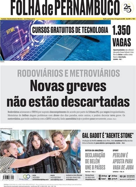 Capa Folha De Pernambuco Edi O Quarta De Agosto De