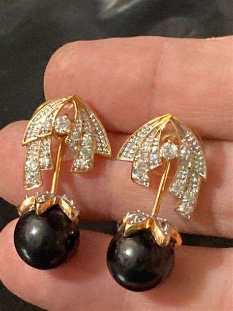 Vintage signed JBK designer gold plated diamanté blac Gem