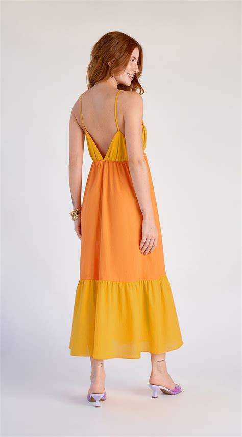 Vestido Zinco Midi Decote V Bicolor Laranja Zinco