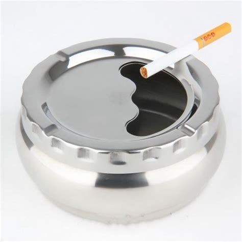 Silver Stainless Steel Round Cigarette Lidded Ashtray Portable