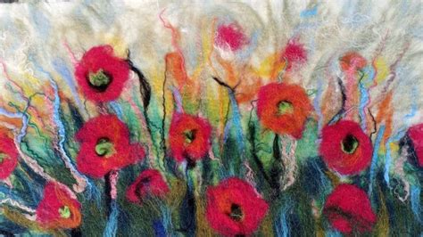 Red Poppys On The Field Landscape Wool Painting Wet Felted Wild