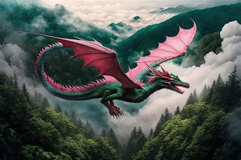 Dragón rosa volando a través de las nubes con vistas al exuberante