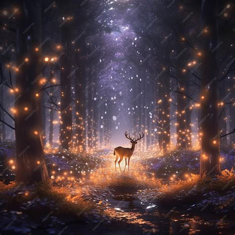 Premium AI Image | A deer in a forest with lights in the background