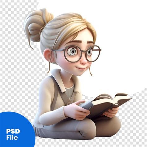 Premium Psd 3d Illustration Of A Cute Cartoon Girl With Glasses Reading A Book Psd Template