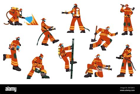 Firefighter Characters Cartoon Fireman In Uniform With Rescue