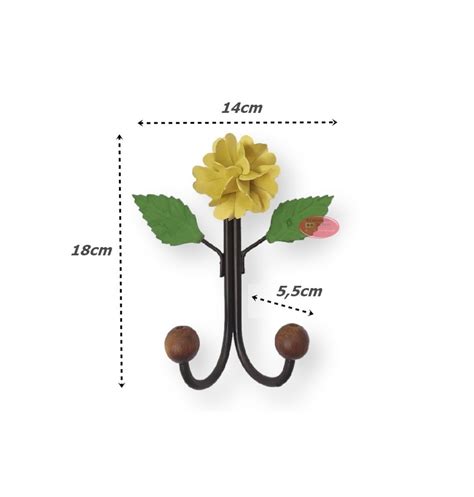 Cabideiro de Parede Flor Rústico Ferro 2 Ganchos Amarelo Elo7