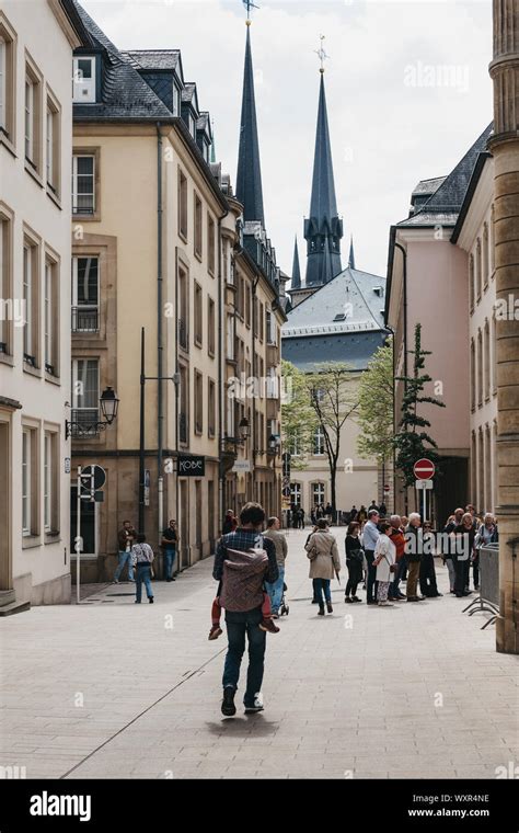 Luxembourg City, Luxembourg - May 19, 2019: People walking on a street ...