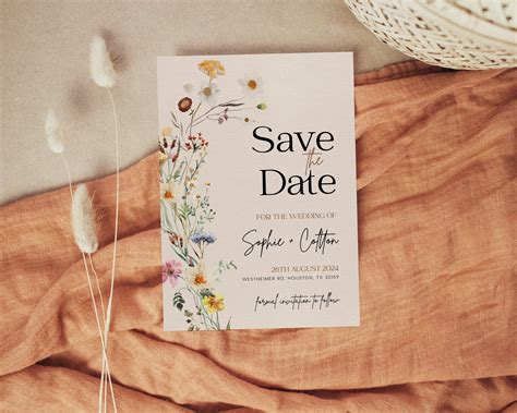 Boho Save The Date Wildflower Floral Save The Date Beige Etsy Australia