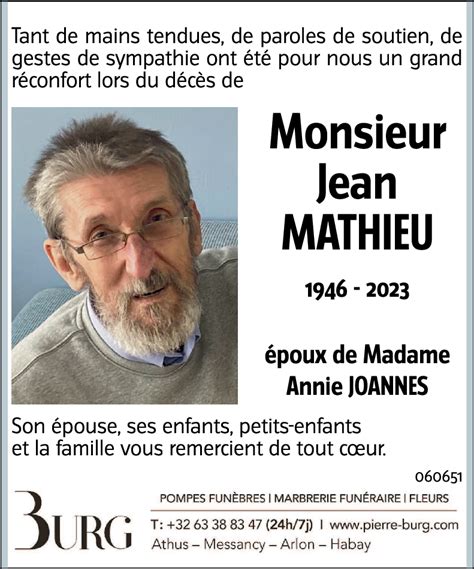 Avis de décès de Jean MATHIEU décédé le 21 10 2023 à Godinne annonce