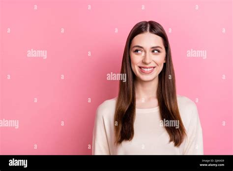 Portrait Of Attractive Cheerful Brunet Girl Looking Aside Copy Space