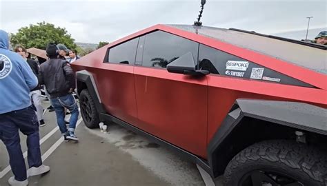 First Tesla Cybertruck In Red Shows Up And People Cant Help Staring