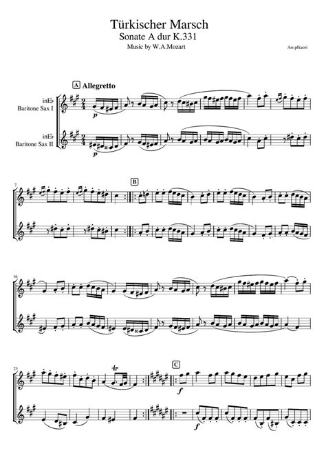 Mozart Turkish March K Baritone Saxduo Unaccompanied Sheets By