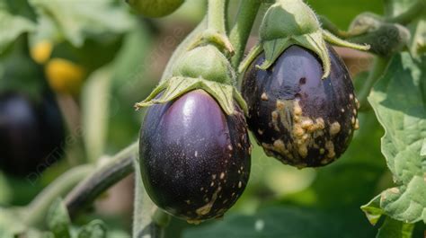 Two Vines Growing Eggplants In A Garden Background Eggplant Diseases Picture Background Image