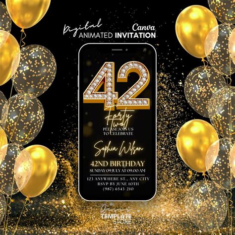 42nd Birthday Invitation Forty Two Party Video Invite Black Gold