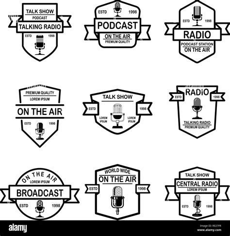 Set Of Podcast Radio Emblems With Microphone Design Element For Logo