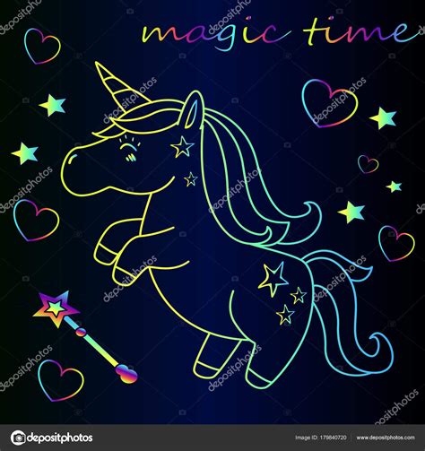 Cartoon Neon Unicorn Stars Magic Wand Heart Magic Time Stock Vector