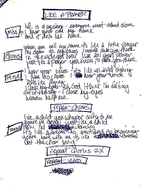 Handwritten lyrics of Like A Prayer - MadonnaTribe Decade