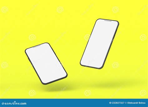 Two Smartphones With Isolated White Screen On Yellow Background Stock