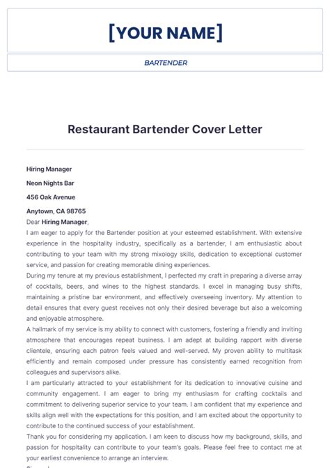 Free Restaurant Bartender Cover Letter Template Edit Online