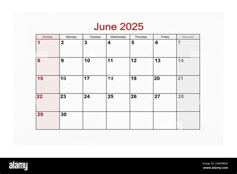 June 2025 Calendar page for 2025 year isolated on white background