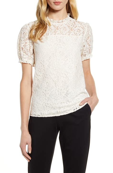 Cece Puffed Sleeve Floral Lace Blouse In Soft Ecru Black Lyst