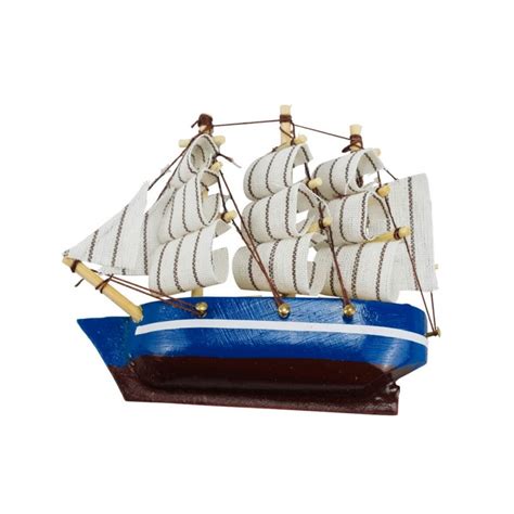 Miniatura Ímã Barco Navio Veleiro Casco Azul Base Marrom 8x1 5x9 5cm