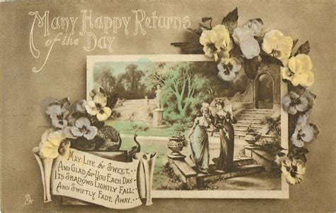 Many Happy Returns Of The Day Two Women Pansies Carte Postale