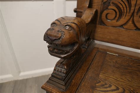 Arts And Crafts Carved Oak Monks Bench Settle Hall Table