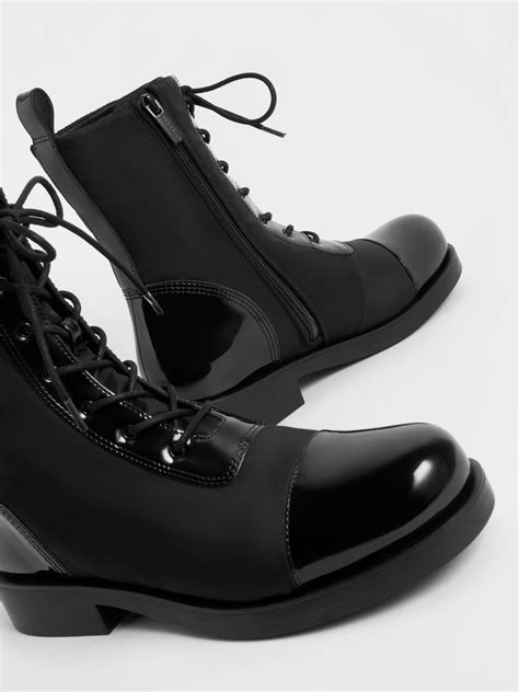 Black Nylon And Patent Combat Boots Charles And Keith Au