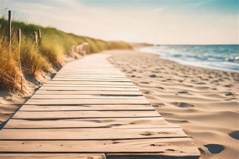 Premium Photo Wooden Walkway On A Beach With Sand Dunes In The Background