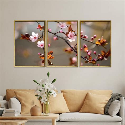 Quadro Decorativo Flores De Cerejeira Telas Moldura Dourada