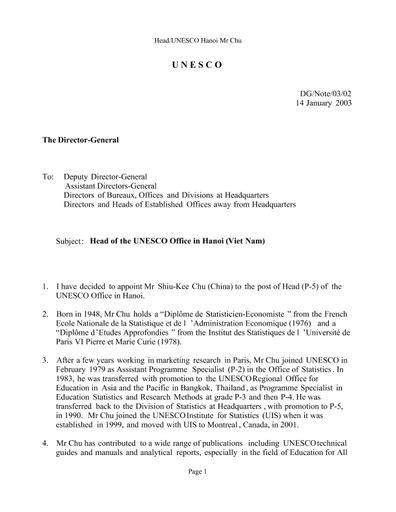 Head of the UNESCO Office in Hanoi (Viet Nam)