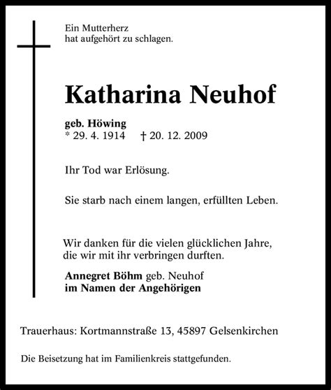 Traueranzeigen Von Katharina Neuhof Trauer In NRW De