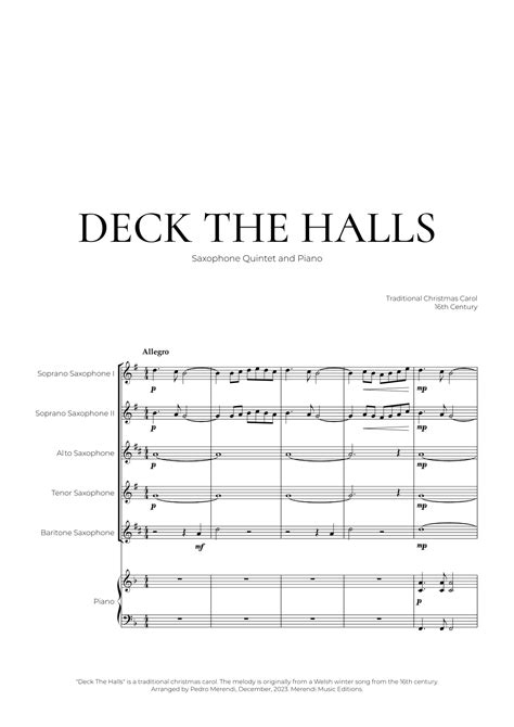 Deck The Halls Saxophone Quintet And Piano Christmas Carol Arr