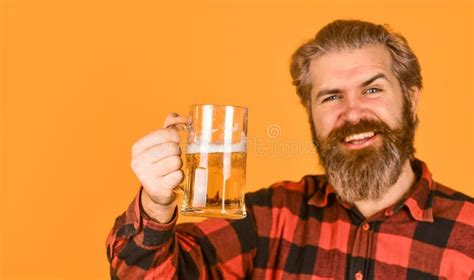 Brutal Hipster Drink Beer Mature Bearded Man Hold Beer Glass Mug Of