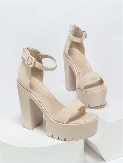 Women Buckle Decor Ankle Strap Chunky Heeled Sandals Elegant Beige Ankle Strap Sandals Shein Usa