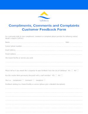 Fillable Online Compliments Comments And Complaints Customer Feedback