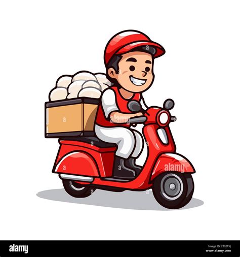 Delivery Man Riding A Red Scooter Isolated On White Background Food