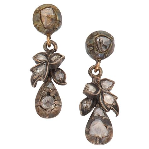 Impressive Antique Rose Cut Pear Shape Diamond Flower Earrings Pendant For Sale At 1stdibs