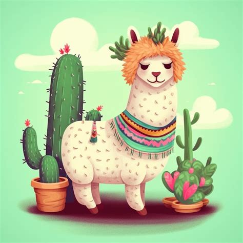 Una Llama De Dibujos Animados Con Un Cactus En El Fondo Foto Premium