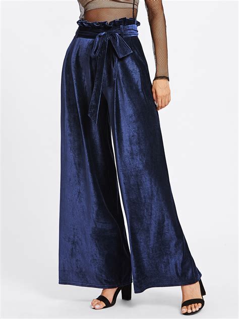 Pleated Ruffle Waist Belted Cord Palazzo Pants Shein Sheinside