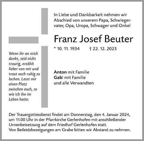 Traueranzeigen Von Franz Josef Beuter Augsburger Allgemeine Zeitung