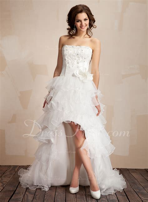 A Line Princess Strapless Asymmetrical Organza Prom Dresses With Lace