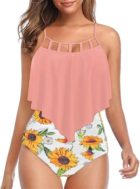 Women Retro High Waist Bikini Sunflower Bathing Suit Flounce Ruffle