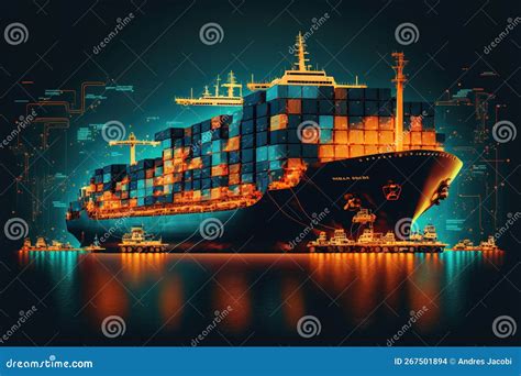 Futuristic Illustration of Cargo Ship with Containers and Network ...